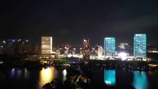 航拍河南商丘建业总部港夜景