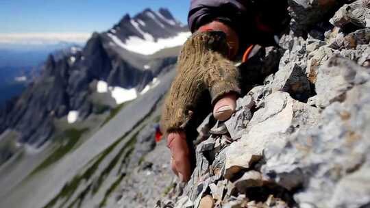 登山者手抓岩石攀登山峰