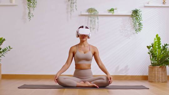 戴虚拟现实练瑜伽的女人