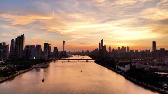 广州城市火烧云晚霞夜景航拍