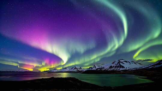北极极光下的雪山湖泊景观