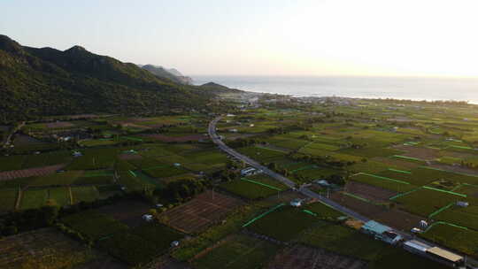 越南努伊蔡乡村美丽的海滩日落和绿色田野——空中拍摄