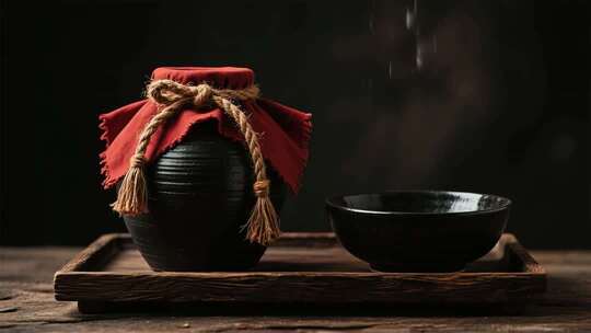 酒坛与碗置于木托盘上