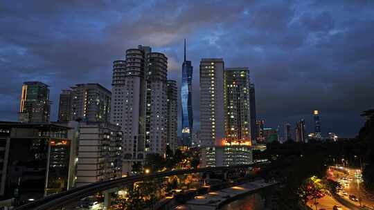 马来西亚吉隆坡莫迪卡石油双子塔夜景航拍