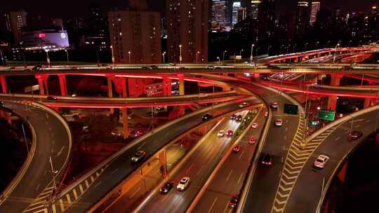 上海延安高架桥夜景车流航拍