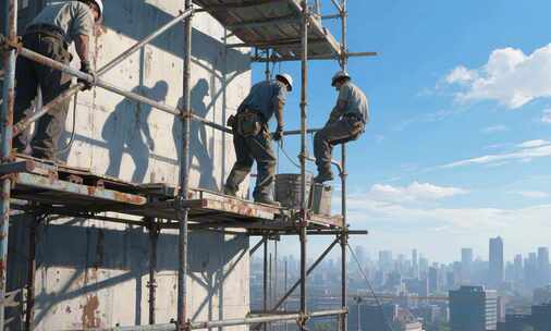 工人于建筑外脚手架上施工