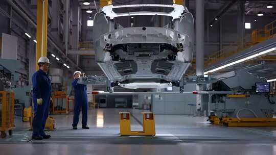工厂工人操作汽车车架吊装