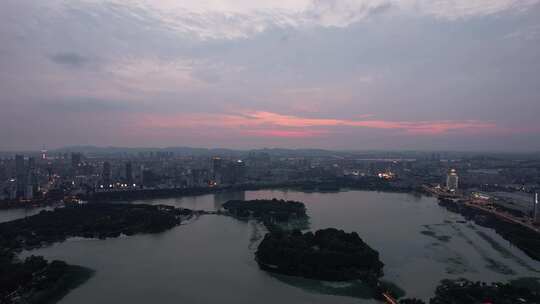 江苏南京夕阳晚霞夜幕降临夜景灯光航拍