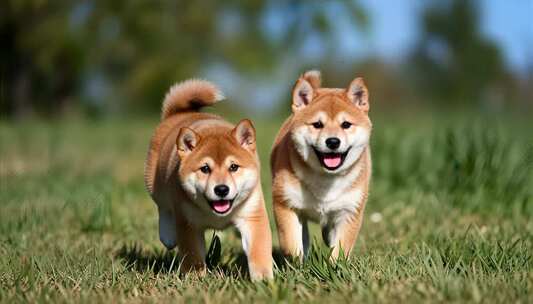 草地上奔跑的两只小柴犬/小狗/动物/萌宠