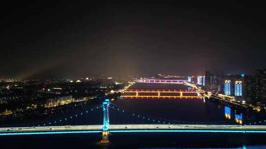 航拍湖北襄阳夜景凤雏大桥夜景