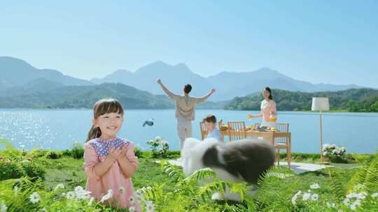 一家人湖边 温馨 旅游 湖边玩耍 蝴蝶视频素材模板下载