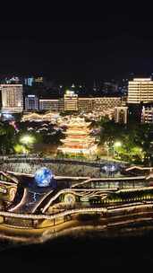 竖屏航拍四川宜宾合江楼长江之珠夜景灯光