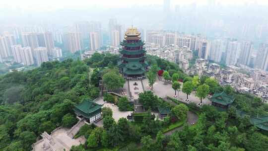 重庆鸿恩寺航拍鸿恩阁与嘉陵江两岸高楼大厦