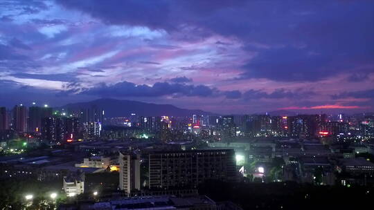 航拍深圳龙岗城市夜景 粉红色晚霞 城市灯火