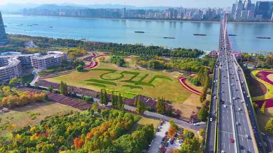 杭州滨江区杭州标志航拍城市风景风光视频素材模板下载