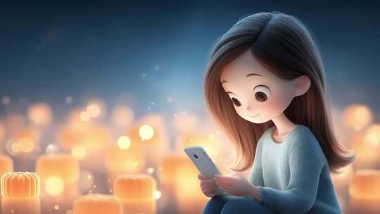 卡通女孩在温馨灯光下使用手机的场景