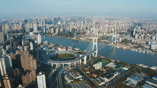 上海南浦大桥无人夕阳航拍环绕视频素材模板下载