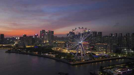 欢乐港湾摩天轮夜景下日落火烧云航拍合集4k