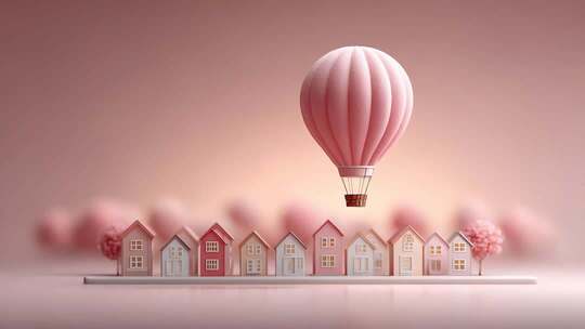 粉色热气球与房屋的唯美旅程