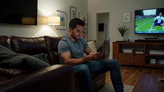 男子沙发上看电视玩手机