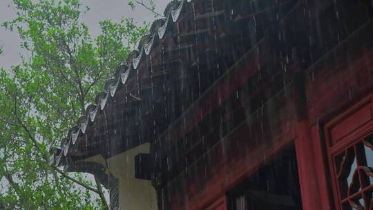 雨天古建筑屋檐雨滴雨景意境视频素材模板下载