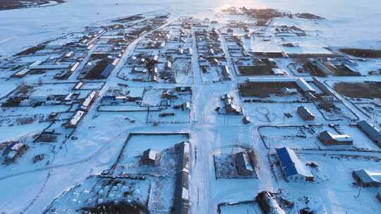 航拍呼伦贝尔冬季乡村嘎查雪村雪景