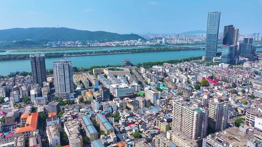 湖南长沙湘江杜甫江阁茶馆航拍城市地标风景