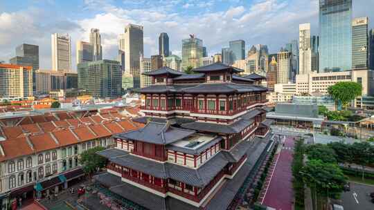 新加坡滨海湾花园城市佛牙寺日落蓝调延时