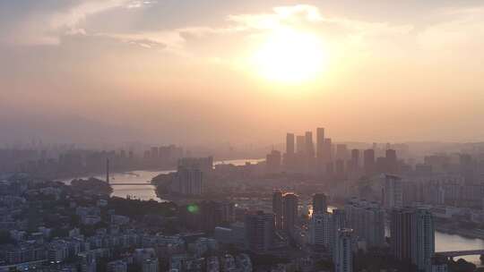 福州日落航拍夕阳城市建筑风光早晨日出阳光