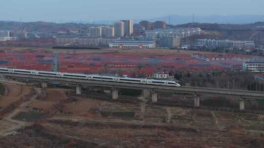 航拍山东省荣成市高楼街道动车高铁合集