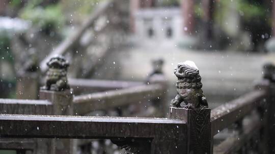 冬天下雪花纷飞江南园林石狮子特写升格