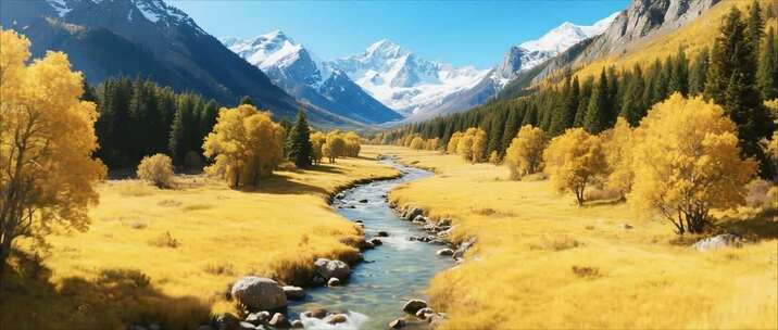 秋季山谷溪流雪山自然风光