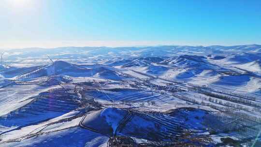 冬季承德丰宁坝上风电蓝天白云雪景航拍