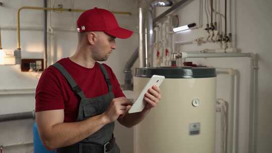 专业水管工白天检查住宅地下室的热水器视频素材模板下载