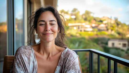 女性阳台眺望远方思索美好未来