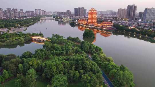 眉山远景楼和东坡城市湿地公园夜景航拍