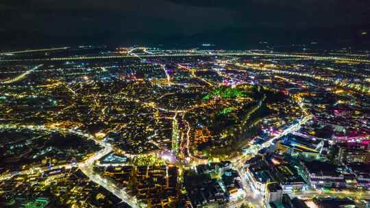 丽江古城夜景全景航拍移动延时