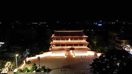 广东潮州古城潮州镇海楼夜景航拍