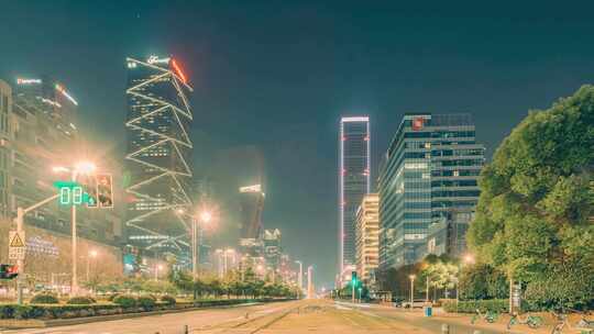 南京街道车轨与高楼夜景延时摄影