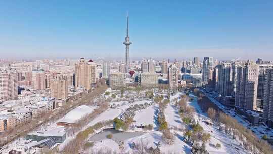 中国黑龙江哈尔滨龙塔城市雪景航拍