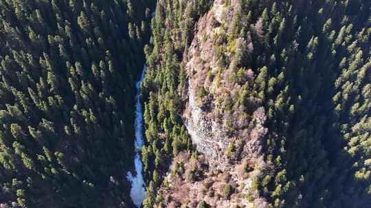 航拍川西四姑娘山双桥沟景区森林冰瀑景观