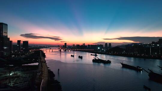 航拍珠海横琴蓝调时分曙暮晖城市夜景