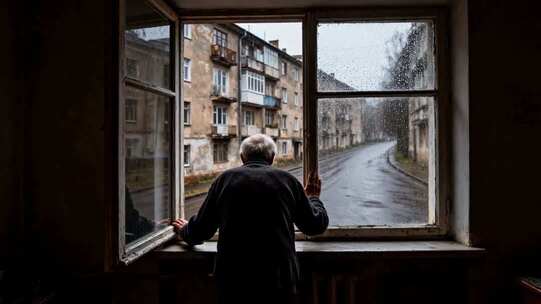 老人窗边凝望雨中街道