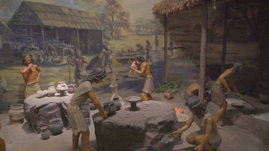 古人东夷人原始人打猎捕鱼酿酒盖屋生活场景视频素材模板下载