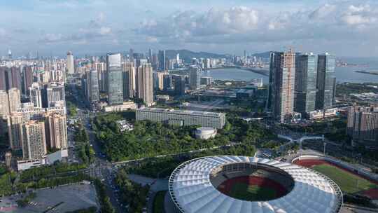 宝安城市中轴蓝天白云高空航拍延时