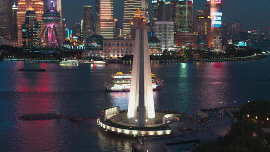 4K上海航拍外滩人民英雄纪念碑环绕夜景