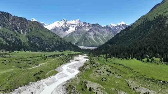 新疆伊犁夏塔古道天山草原雪山冰川融水