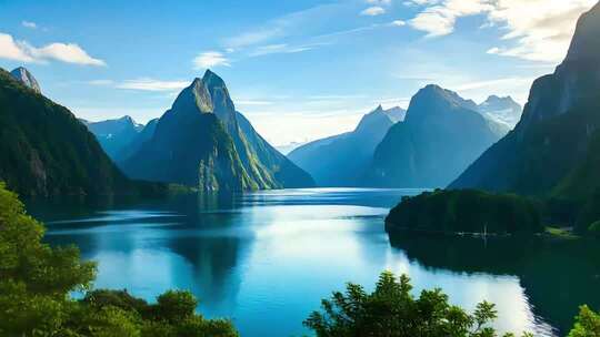 新西兰米尔福德峡湾峡湾风光与湖光山色