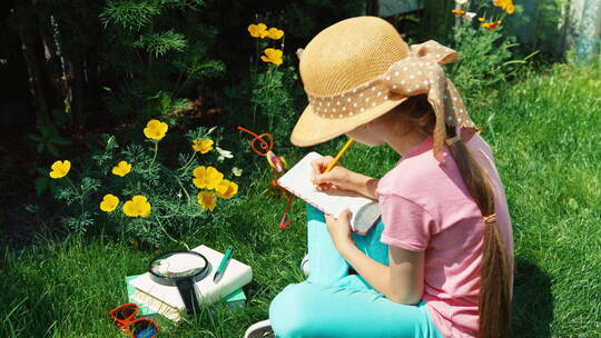 孩子坐在花园里写笔记本