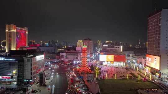 中国河南郑州二七广场 二七塔 夜景航拍